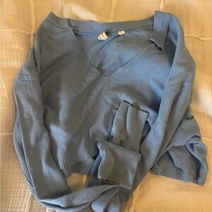 Blue Ribbed V-Neck Top